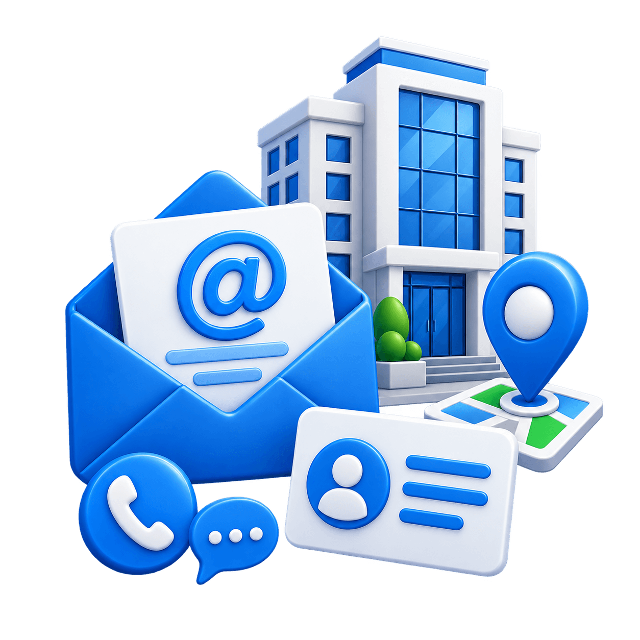 Office building with contact and location icons, representing MyTechShop's registered business identity